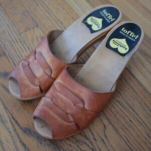Swedish Hasbeens Toffel Made in Sweden Brown Leather Wooden Heels Size 41